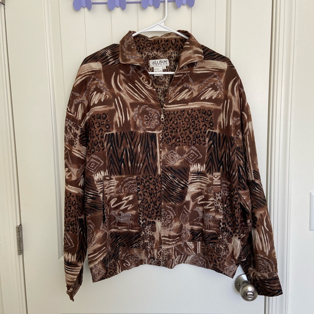 EUC | Vintage Allison Taylor women’s 100% silk animal print zip bomber‎ jacket L